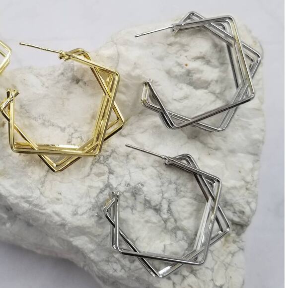 Silver Open Geometric Hoop Earrings - Picture 2 of 2